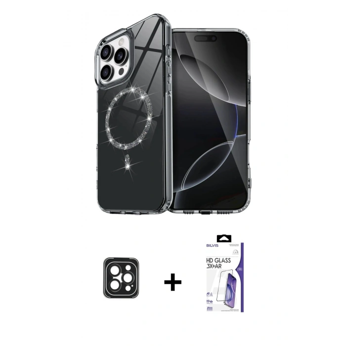 MARSİLYAN™- iPhone 16 Pro Max Kılıf Kıvılcım Form Prime - Siyah Bilvis 3X AR HD Cam Ekran Koruyucu + PVD Metal Kamera Lens - SH