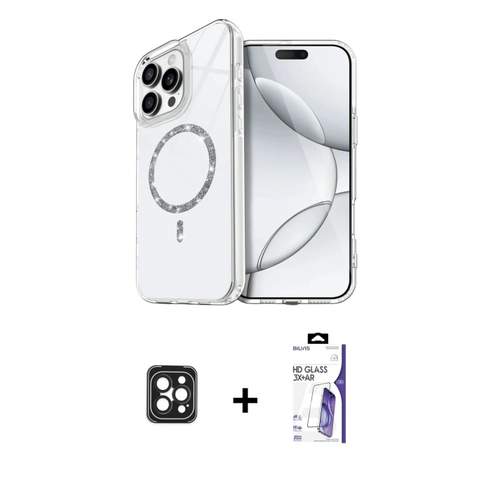 MARSİLYAN™- iPhone 16 Pro Max Kılıf Kıvılcım Form Prime - Siyah Bilvis 3X AR HD Cam Ekran Koruyucu + PVD Metal Kamera Lens - SH