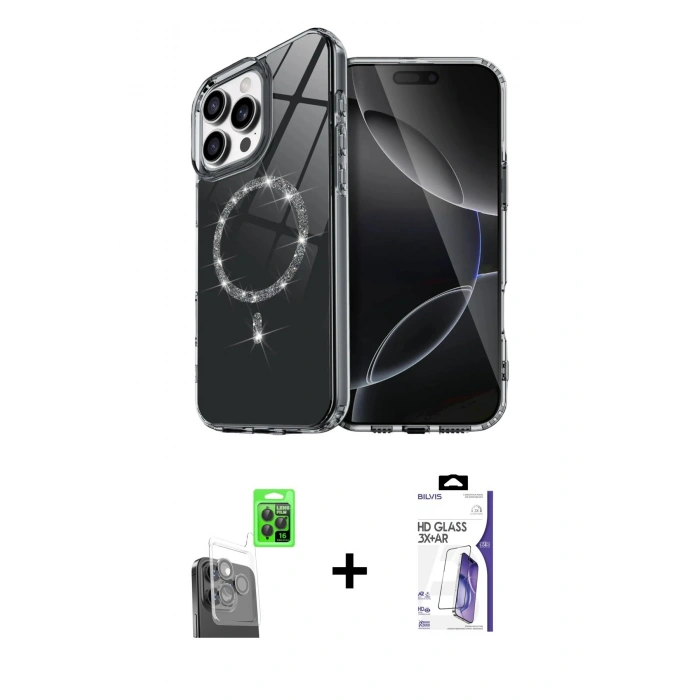 MARSİLYAN™- iPhone 16 Pro Max Kılıf Kıvılcım Form Prime - Siyah Bilvis 3X AR HD Cam Ekran Koruyucu + Raze Metal Kamera Lens - SH
