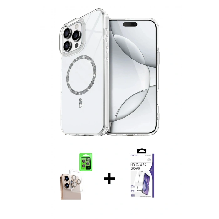 MARSİLYAN™- iPhone 16 Pro Max Kılıf Kıvılcım Form Prime - Siyah Bilvis 3X AR HD Cam Ekran Koruyucu + Raze Metal Kamera Lens - NLGY