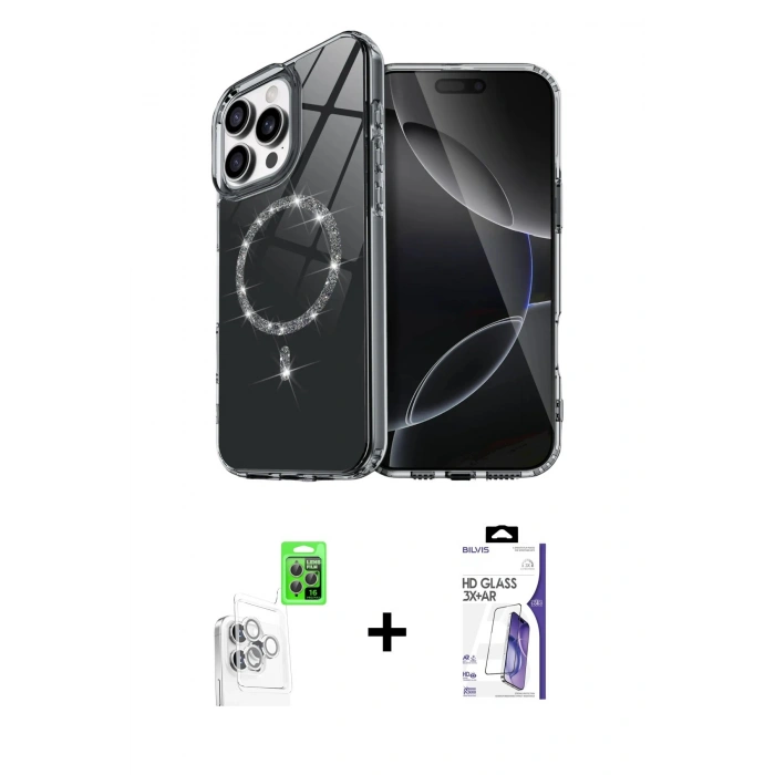 MARSİLYAN™- iPhone 16 Pro Max Kılıf Kıvılcım Form Prime - Siyah Bilvis 3X AR HD Cam Ekran Koruyucu + Raze Metal Kamera Lens - BZ