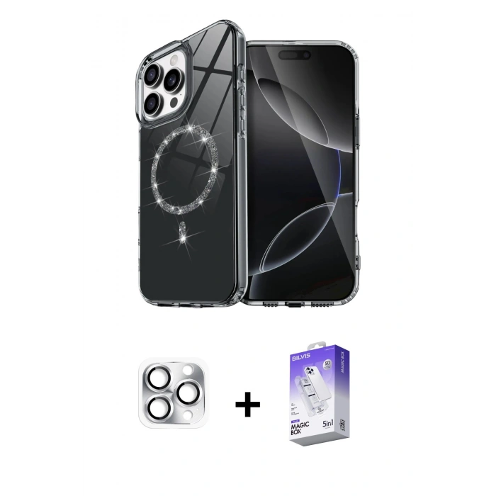 MARSİLYAN™- iPhone 16 Pro Max Kılıf Kıvılcım Form Prime - Siyah Bilvis 5in1 3D Magic Cam Ekran Koruyucu + Pers Alüminyum Kamera Lens - GS