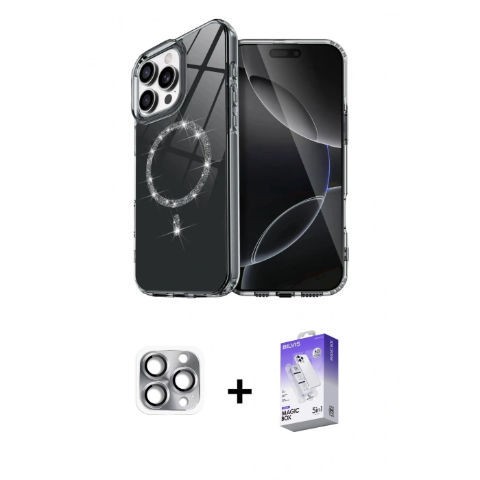 MARSİLYAN™- iPhone 16 Pro Max Kılıf Kıvılcım Form Prime - Siyah Bilvis 5in1 3D Magic Cam Ekran Koruyucu + Pers Alüminyum Kamera Lens - GI