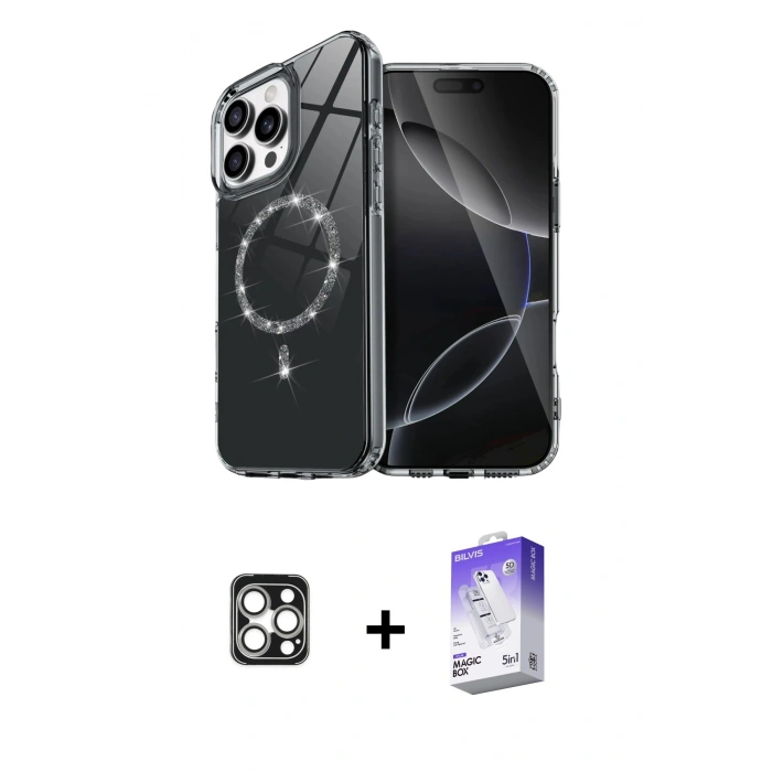 MARSİLYAN™- iPhone 16 Pro Max Kılıf Kıvılcım Form Prime - Siyah Bilvis 5in1 3D Magic Cam Ekran Koruyucu + PVD Metal Kamera Lens - GS