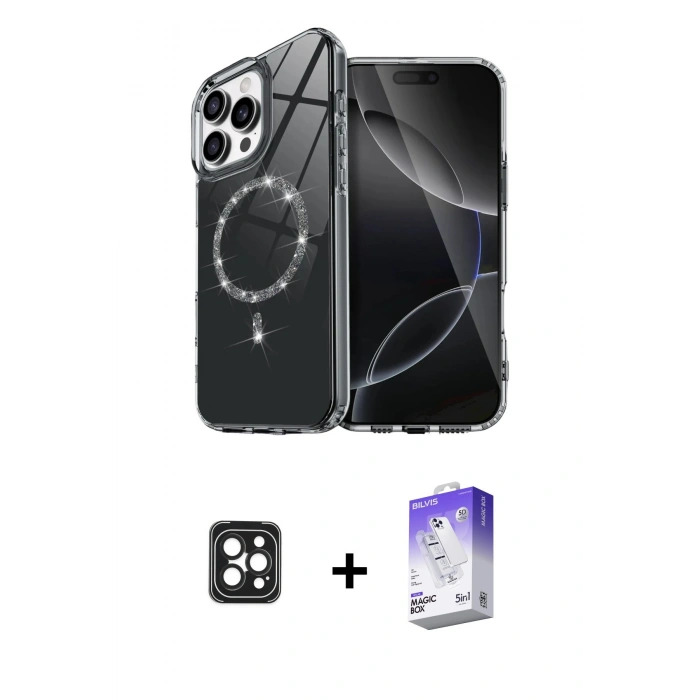 MARSİLYAN™- iPhone 16 Pro Max Kılıf Kıvılcım Form Prime - Siyah Bilvis 5in1 3D Magic Cam Ekran Koruyucu + PVD Metal Kamera Lens - SH