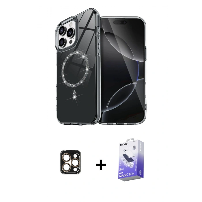 MARSİLYAN™- iPhone 16 Pro Max Kılıf Kıvılcım Form Prime - Siyah Bilvis 5in1 5D Magic Hayalet Cam Ekran Koruyucu + PVD Metal Kamera Lens - GD