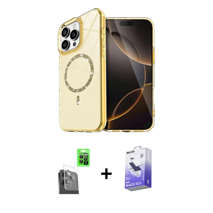 MARSİLYAN™- iPhone 16 Pro Max Kılıf Kıvılcım Form Prime - Siyah Bilvis 5in1 5D Magic Hayalet Cam Ekran Koruyucu + Raze Metal Kamera Lens - SH