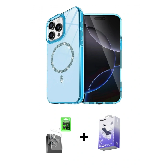 MARSİLYAN™- iPhone 16 Pro Max Kılıf Kıvılcım Form Prime - Siyah Bilvis 5in1 5D Magic Hayalet Cam Ekran Koruyucu + Raze Metal Kamera Lens - SH