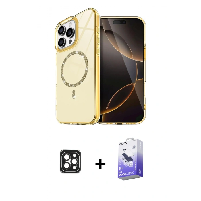 MARSİLYAN™- iPhone 16 Pro Max Kılıf Kıvılcım Form Prime - Siyah Bilvis 5in1 5D Magic Hayalet Cam Ekran Koruyucu + PVD Metal Kamera Lens - SH