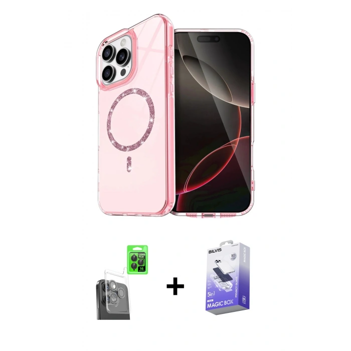 MARSİLYAN™- iPhone 16 Pro Max Kılıf Kıvılcım Form Prime - Siyah Bilvis 5in1 5D Magic Hayalet Cam Ekran Koruyucu + Raze Metal Kamera Lens - SH
