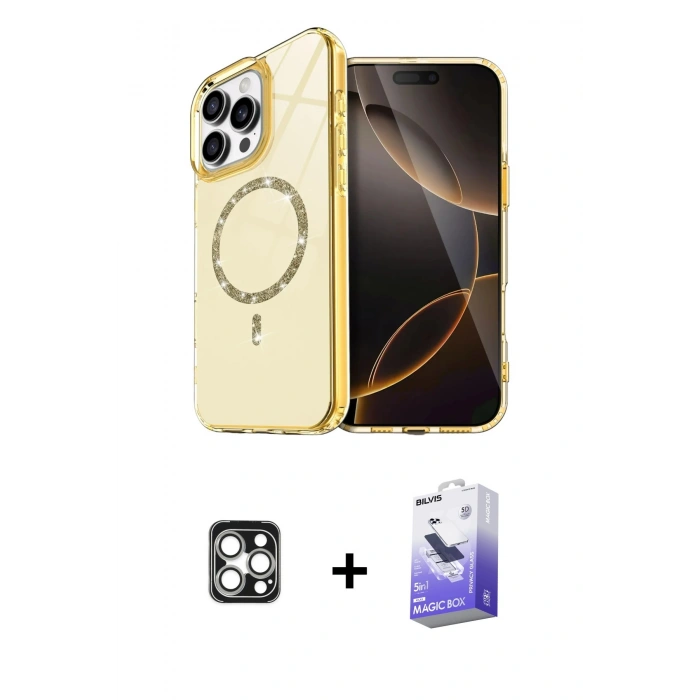 MARSİLYAN™- iPhone 16 Pro Max Kılıf Kıvılcım Form Prime - Siyah Bilvis 5in1 5D Magic Hayalet Cam Ekran Koruyucu + PVD Metal Kamera Lens - GS