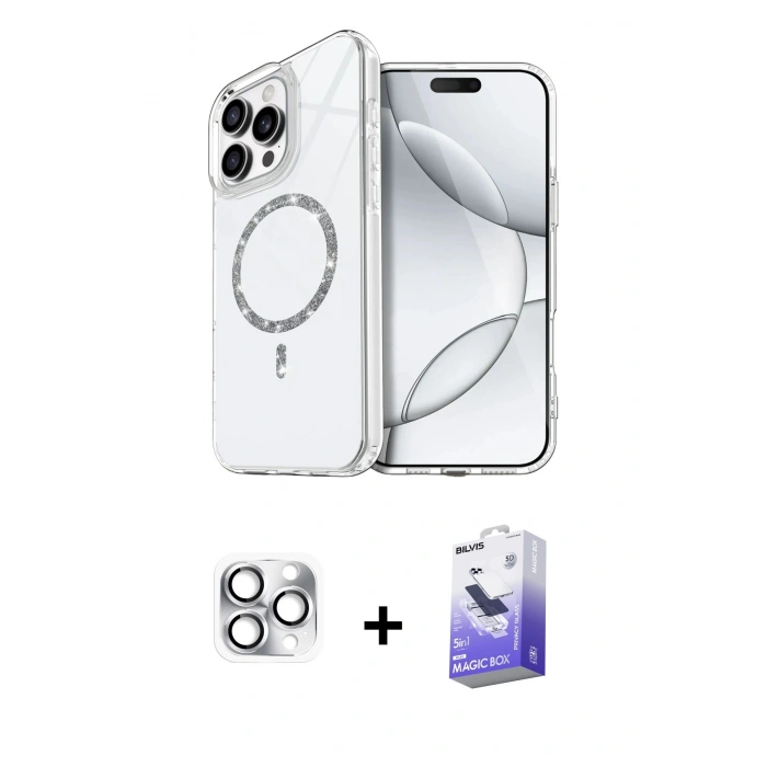 MARSİLYAN™- iPhone 16 Pro Max Kılıf Kıvılcım Form Prime - Siyah Bilvis 5in1 5D Magic Hayalet Cam Ekran Koruyucu + Pers Alüminyum Kamera Lens - GS