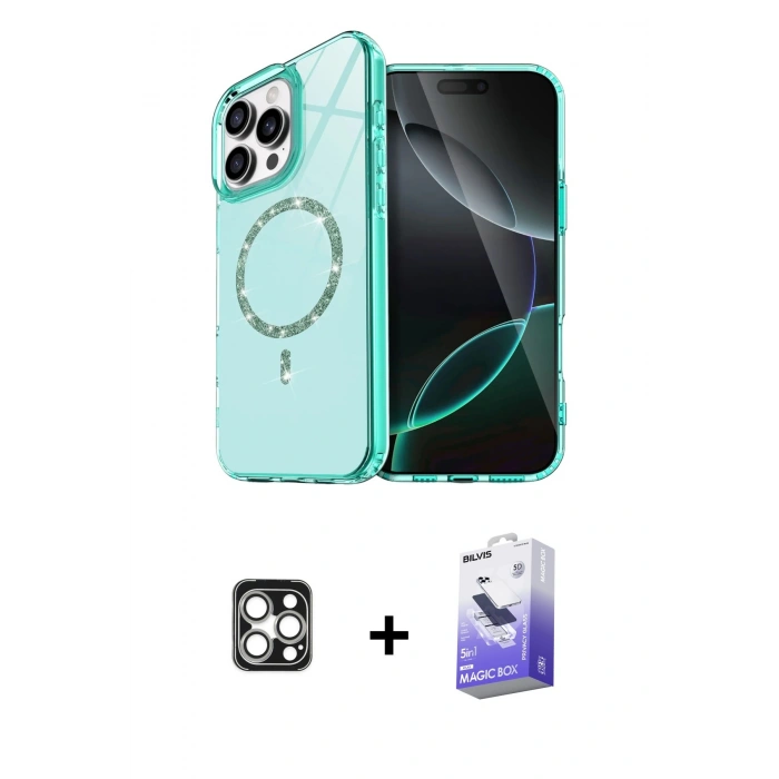 MARSİLYAN™- iPhone 16 Pro Max Kılıf Kıvılcım Form Prime - Siyah Bilvis 5in1 5D Magic Hayalet Cam Ekran Koruyucu + PVD Metal Kamera Lens - GS