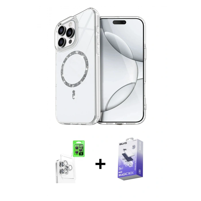 MARSİLYAN™- iPhone 16 Pro Max Kılıf Kıvılcım Form Prime - Siyah Bilvis 5in1 5D Magic Hayalet Cam Ekran Koruyucu + Beyaz Raze Metal Kamera Lens