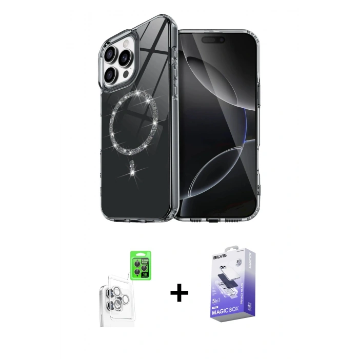 MARSİLYAN™- iPhone 16 Pro Max Kılıf Kıvılcım Form Prime - Siyah Bilvis 5in1 5D Magic Hayalet Cam Ekran Koruyucu + Beyaz Raze Metal Kamera Lens