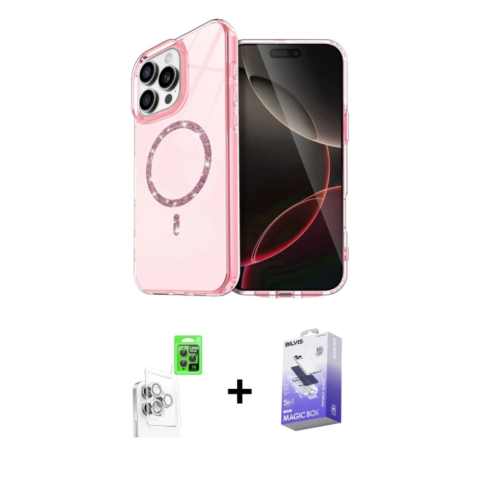 MARSİLYAN™- iPhone 16 Pro Max Kılıf Kıvılcım Form Prime - Siyah Bilvis 5in1 5D Magic Hayalet Cam Ekran Koruyucu + Beyaz Raze Metal Kamera Lens
