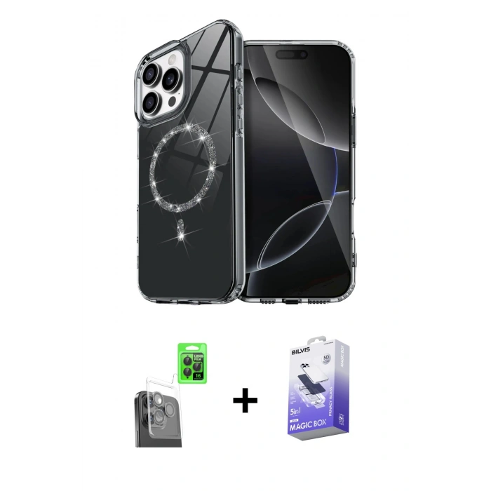 MARSİLYAN™- iPhone 16 Pro Max Kılıf Kıvılcım Form Prime - Siyah Bilvis 5in1 5D Magic Hayalet Cam Ekran Koruyucu + Raze Metal Kamera Lens - SH
