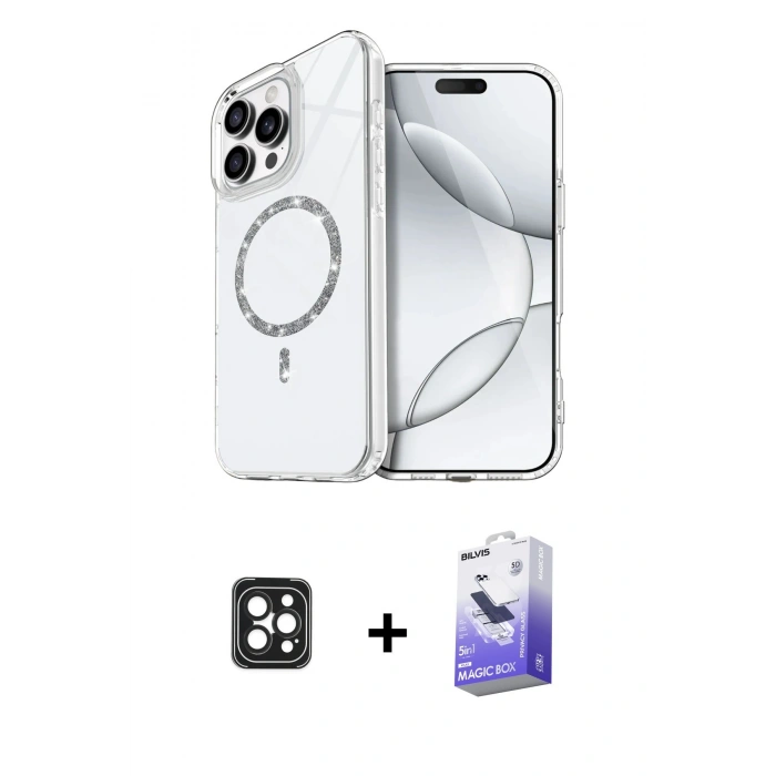 MARSİLYAN™- iPhone 16 Pro Max Kılıf Kıvılcım Form Prime - Siyah Bilvis 5in1 5D Magic Hayalet Cam Ekran Koruyucu + PVD Metal Kamera Lens - SH
