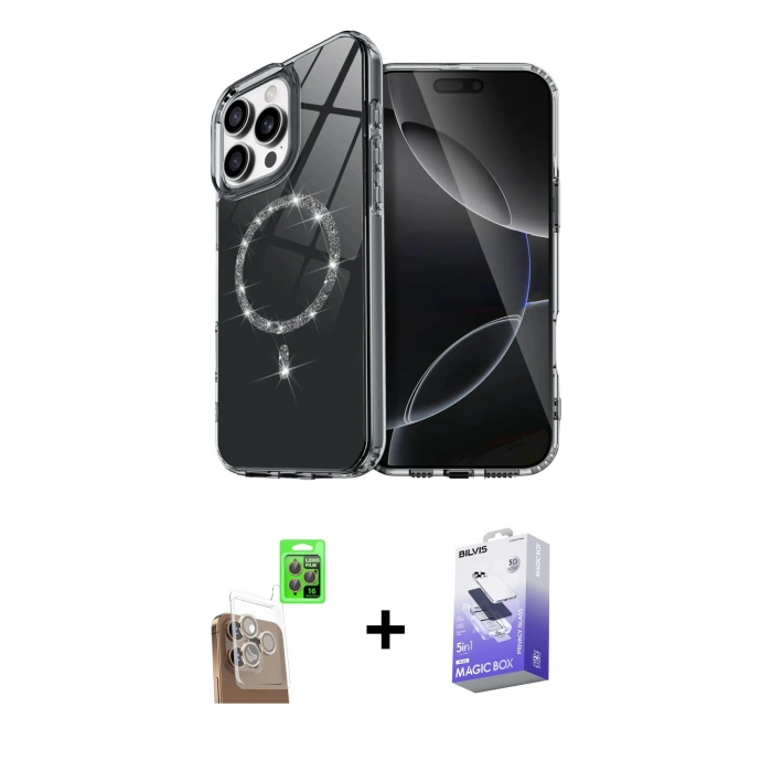 MARSİLYAN™- iPhone 16 Pro Max Kılıf Kıvılcım Form Prime - Siyah Bilvis 5in1 5D Magic Hayalet Cam Ekran Koruyucu + Raze Metal Kamera Lens - CLTM