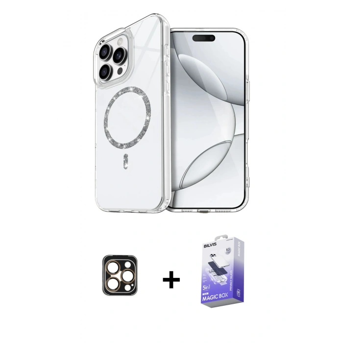 MARSİLYAN™- iPhone 16 Pro Max Kılıf Kıvılcım Form Prime - Siyah Bilvis 5in1 5D Magic Hayalet Cam Ekran Koruyucu + PVD Metal Kamera Lens - GD