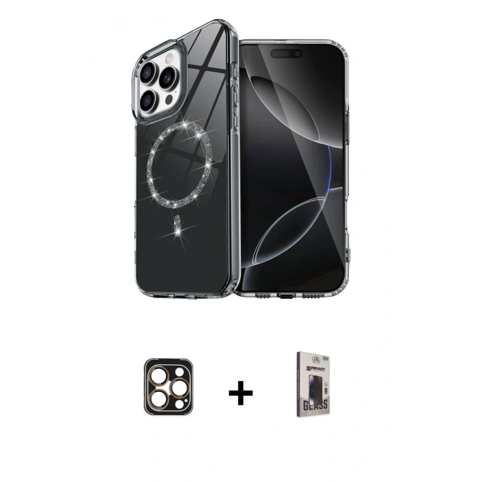MARSİLYAN™- iPhone 16 Pro Max Kılıf Kıvılcım Form Prime - Siyah Bilvis Hayalet Cam Ekran Koruyucu + PVD Metal Kamera Lens - GD