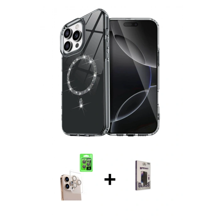 MARSİLYAN™- iPhone 16 Pro Max Kılıf Kıvılcım Form Prime - Siyah Bilvis Hayalet Cam Ekran Koruyucu + Raze Metal Kamera Lens - NLGY