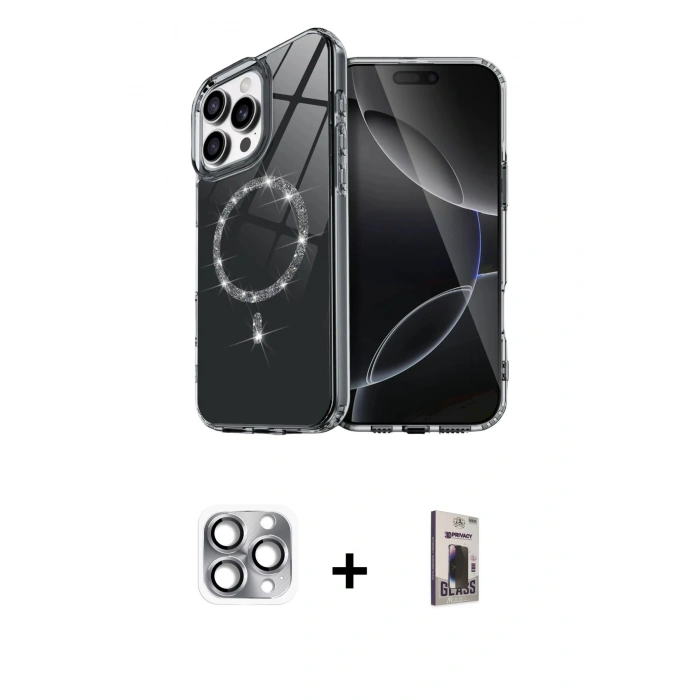 MARSİLYAN™- iPhone 16 Pro Max Kılıf Kıvılcım Form Prime - Siyah Bilvis Hayalet Cam Ekran Koruyucu + Pers Alüminyum Kamera Lens - GI