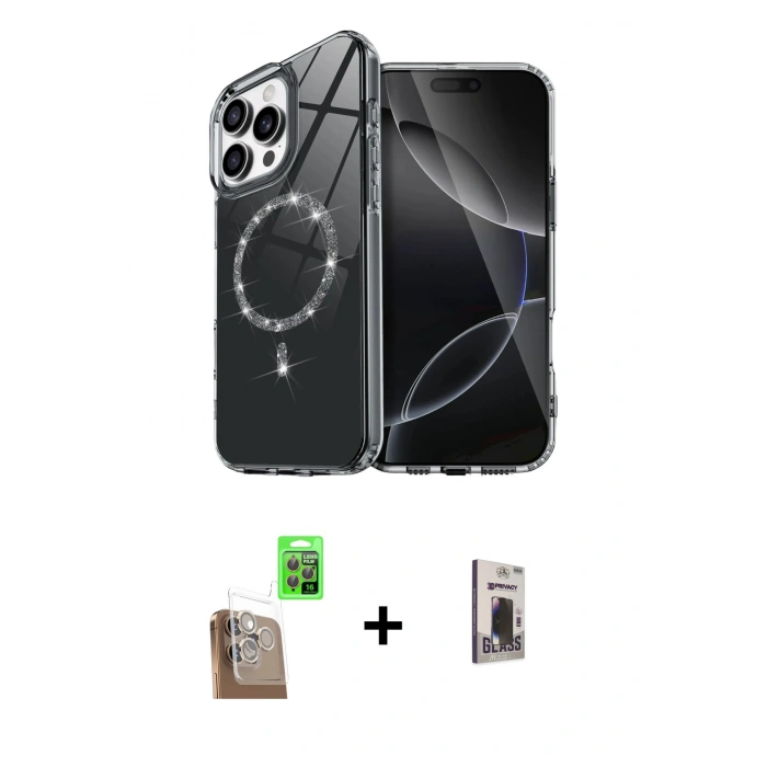 MARSİLYAN™- iPhone 16 Pro Max Kılıf Kıvılcım Form Prime - Siyah Bilvis Hayalet Cam Ekran Koruyucu + Raze Metal Kamera Lens - CLTM