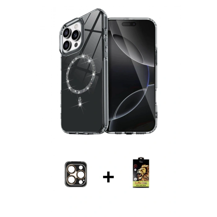 MARSİLYAN™- iPhone 16 Pro Max Kılıf Kıvılcım Form Prime - Siyah Buffer Cam Ekran Koruyucu + PVD Metal Kamera Lens - GD