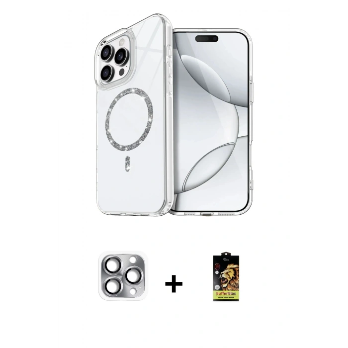 MARSİLYAN™- iPhone 16 Pro Max Kılıf Kıvılcım Form Prime - Siyah Buffer Cam Ekran Koruyucu + Gri Pers Alüminyum Kamera Lens