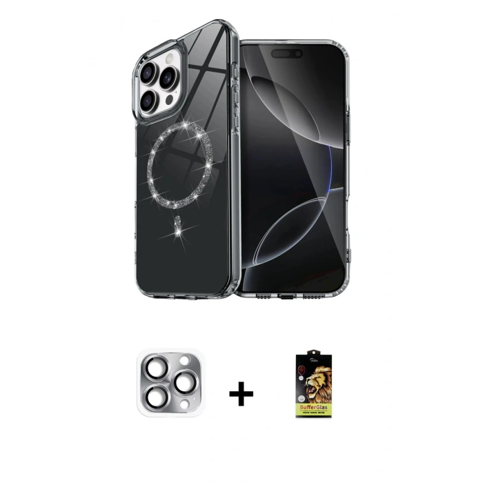 MARSİLYAN™- iPhone 16 Pro Max Kılıf Kıvılcım Form Prime - Siyah Buffer Cam Ekran Koruyucu + Gri Pers Alüminyum Kamera Lens