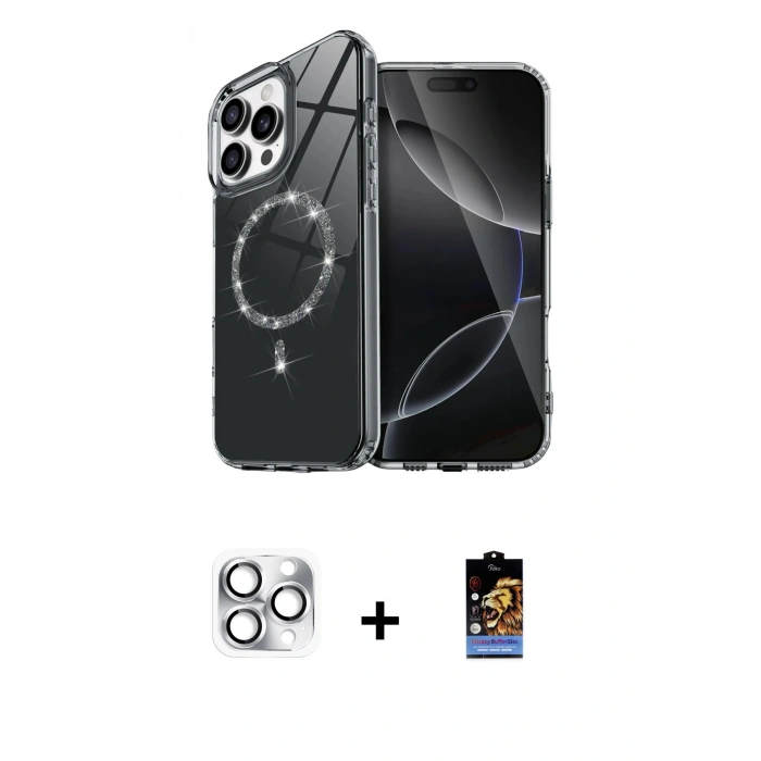 MARSİLYAN™- iPhone 16 Pro Max Kılıf Kıvılcım Form Prime - Siyah Buffer Hayalet Cam Ekran Koruyucu + Gümüş Pers Alüminyum Kamera Lens
