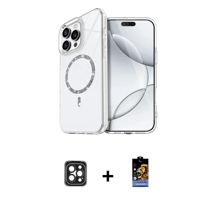 MARSİLYAN™- iPhone 16 Pro Max Kılıf Kıvılcım Form Prime - Siyah Buffer Hayalet Cam Ekran Koruyucu + PVD Metal Kamera Lens - SH