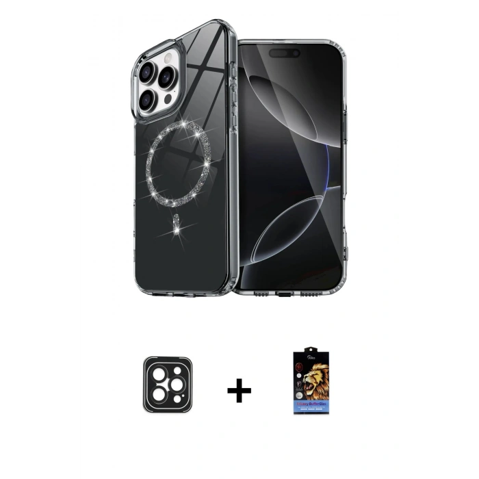 MARSİLYAN™- iPhone 16 Pro Max Kılıf Kıvılcım Form Prime - Siyah Buffer Hayalet Cam Ekran Koruyucu + PVD Metal Kamera Lens - SH