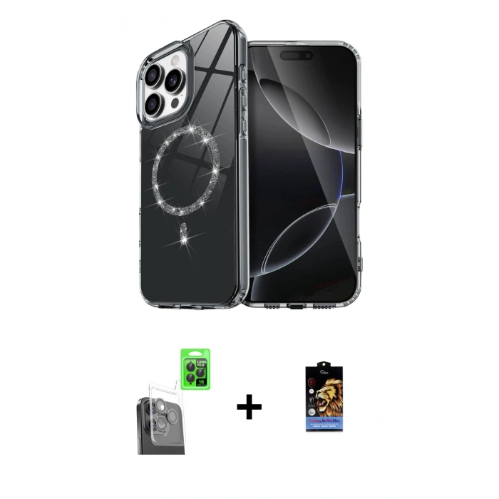 MARSİLYAN™- iPhone 16 Pro Max Kılıf Kıvılcım Form Prime - Siyah Buffer Hayalet Cam Ekran Koruyucu + Raze Metal Kamera Lens - SH