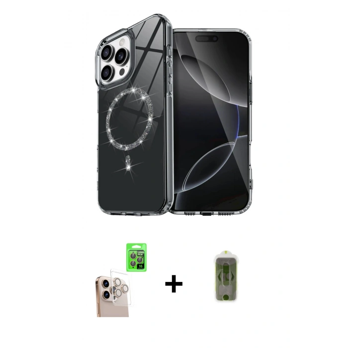 MARSİLYAN™- iPhone 16 Pro Max Kılıf Kıvılcım Form Prime - Siyah Joko Magic 5D Hayalet Cam + Natural Grey Raze Metal Kamera Lens