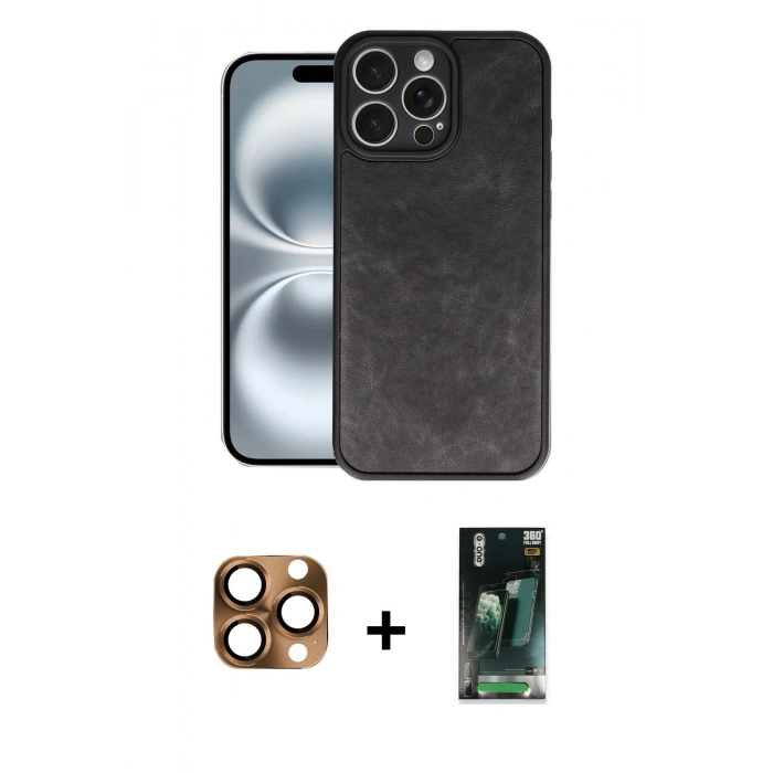MARSİLYAN™- iPhone 16 Pro Max Kılıf Kıvılcım Işık Serisi - Siyah 360 Mat Full Body Arka Koruyucu + Pers Alüminyum Kamera Lens - CLTM