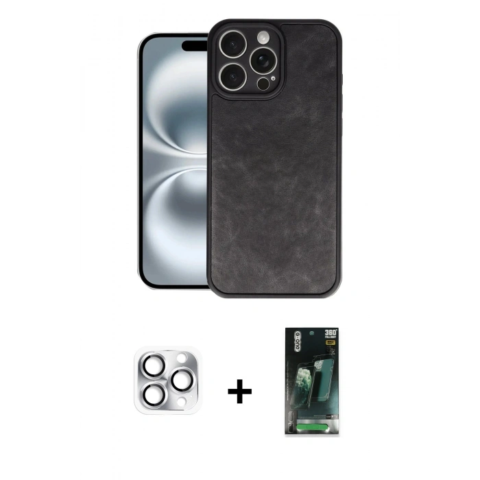 MARSİLYAN™- iPhone 16 Pro Max Kılıf Kıvılcım Işık Serisi - Siyah 360 Mat Full Body Arka Koruyucu + Pers Alüminyum Kamera Lens - GS