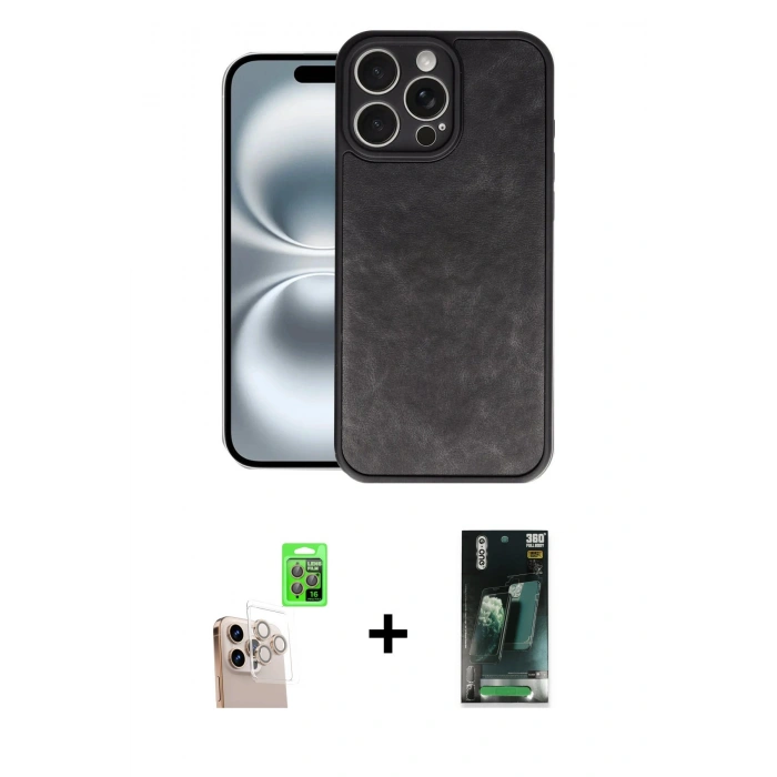 MARSİLYAN™- iPhone 16 Pro Max Kılıf Kıvılcım Işık Serisi - Siyah 360 Mat Full Body Arka Koruyucu + Raze Metal Kamera Lens - NLGY