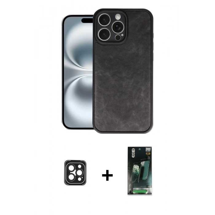 MARSİLYAN™- iPhone 16 Pro Max Kılıf Kıvılcım Işık Serisi - Siyah 360 Mat Full Body Arka Koruyucu + Siyah PVD Metal Kamera Lens