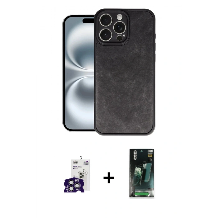 MARSİLYAN™- iPhone 16 Pro Max Kılıf Kıvılcım Işık Serisi - Siyah 360 Mat Full Body Arka Koruyucu + Bilvis Titan Kamera Lens - TMGI