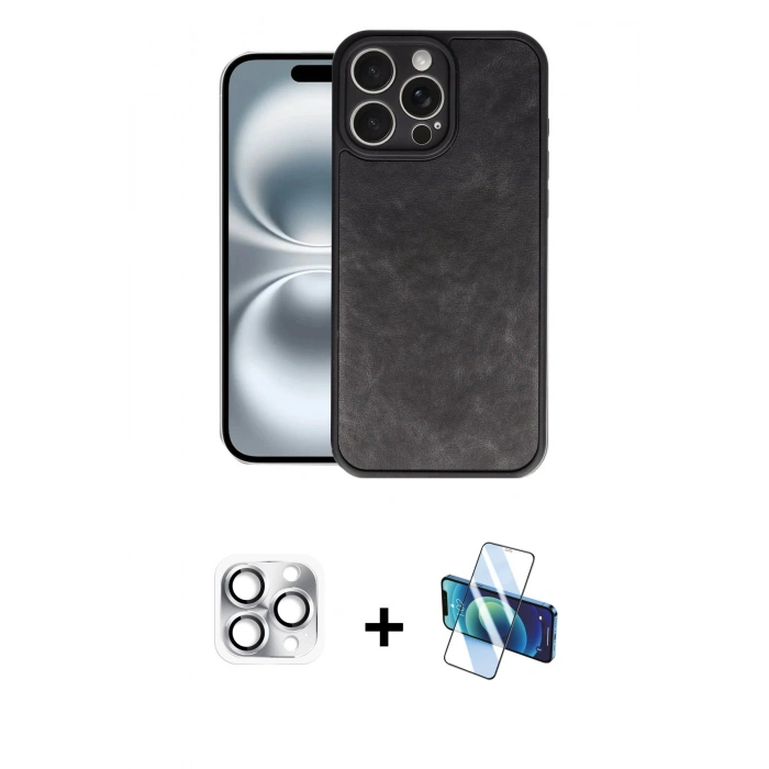 MARSİLYAN™- iPhone 16 Pro Max Kılıf Kıvılcım Işık Serisi - Siyah 3D Antistatik Cam Ekran Koruyucu + Pers Alüminyum Kamera Lens - GS