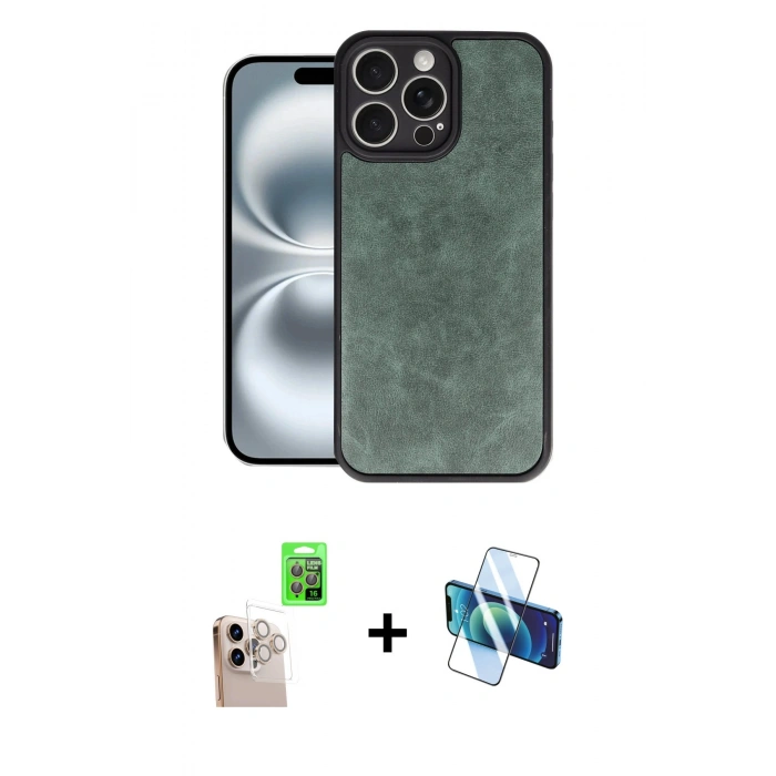 MARSİLYAN™- iPhone 16 Pro Max Kılıf Kıvılcım Işık Serisi - Siyah 3D Antistatik Cam Ekran Koruyucu + Raze Metal Kamera Lens - NLGY