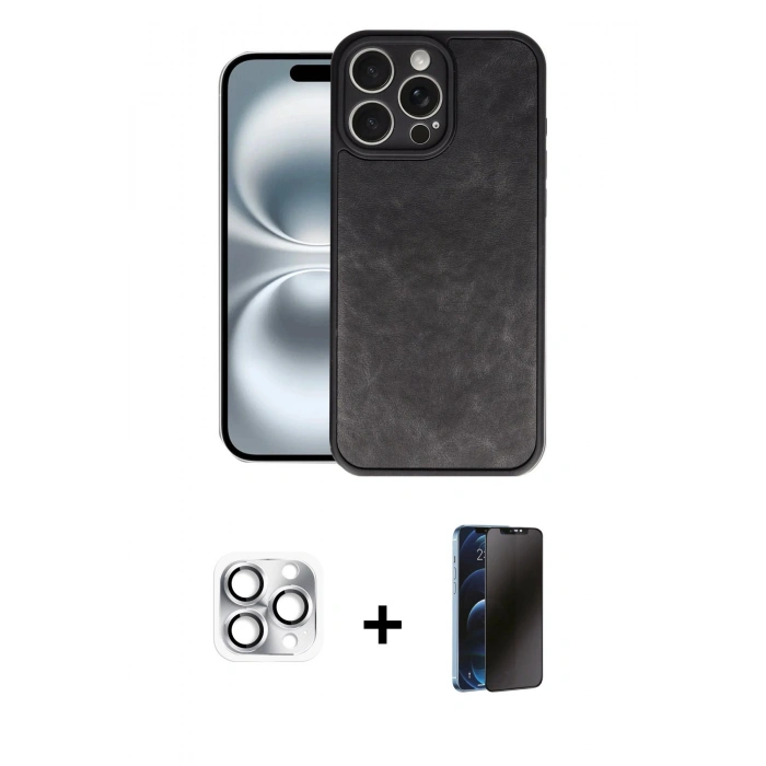 MARSİLYAN™- iPhone 16 Pro Max Kılıf Kıvılcım Işık Serisi - Siyah 3D Antistatik Hayalet Cam Ekran Koruyucu + Pers Alüminyum Kamera Lens - GS