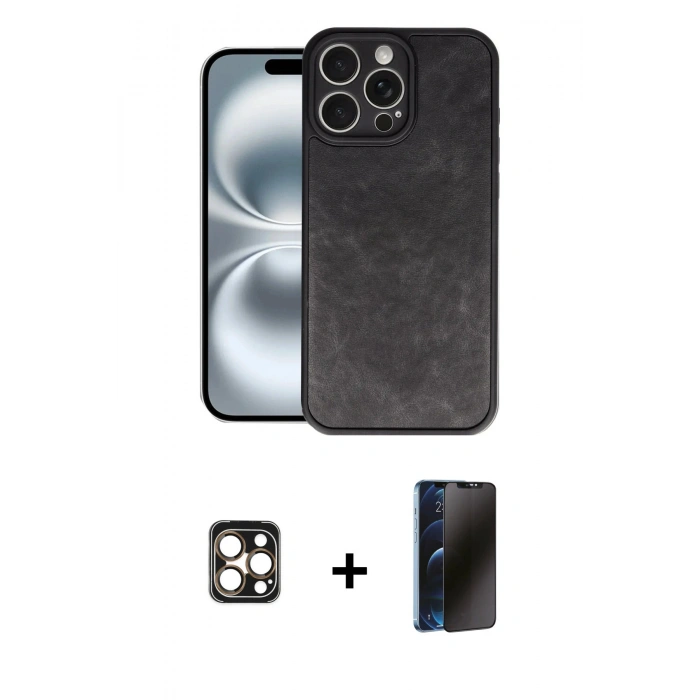 MARSİLYAN™- iPhone 16 Pro Max Kılıf Kıvılcım Işık Serisi - Siyah 3D Antistatik Hayalet Cam Ekran Koruyucu + PVD Metal Kamera Lens - GD