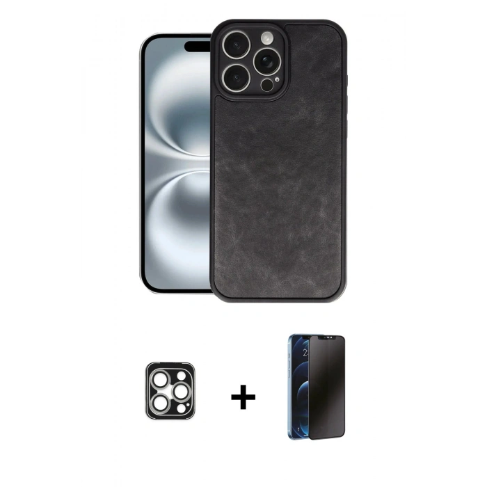 MARSİLYAN™- iPhone 16 Pro Max Kılıf Kıvılcım Işık Serisi - Siyah 3D Antistatik Hayalet Cam Ekran Koruyucu + PVD Metal Kamera Lens - GS