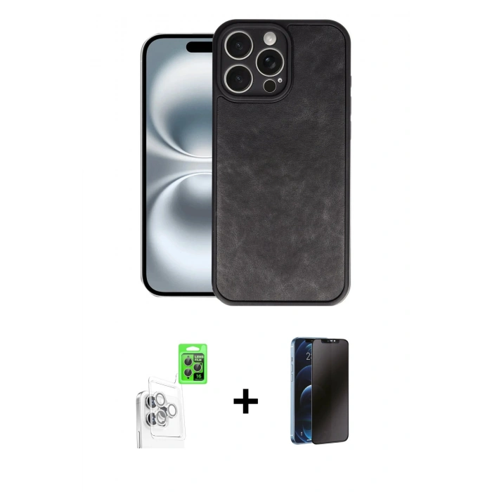 MARSİLYAN™- iPhone 16 Pro Max Kılıf Kıvılcım Işık Serisi - Siyah 3D Antistatik Hayalet Cam Ekran Koruyucu + Raze Metal Kamera Lens - BZ