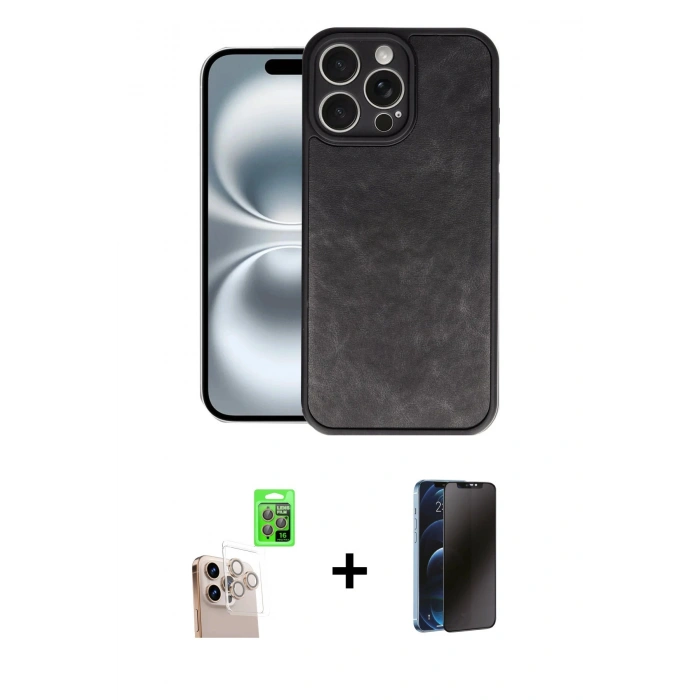 MARSİLYAN™- iPhone 16 Pro Max Kılıf Kıvılcım Işık Serisi - Siyah 3D Antistatik Hayalet Cam Ekran Koruyucu + Raze Metal Kamera Lens - NLGY