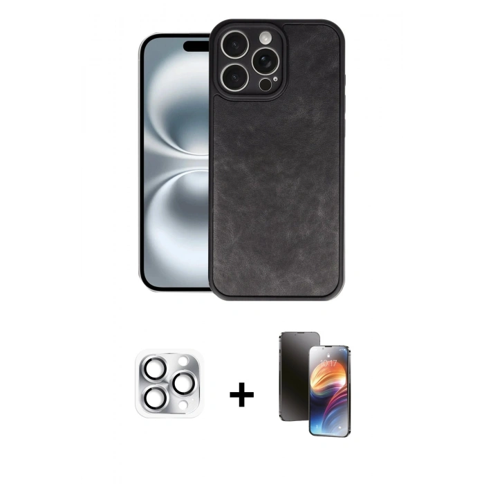 MARSİLYAN™- iPhone 16 Pro Max Kılıf Kıvılcım Işık Serisi - Siyah 3D Antistatik Mat Seramik Nano Ekran Koruyucu + Pers Alüminyum Kamera Lens - GS