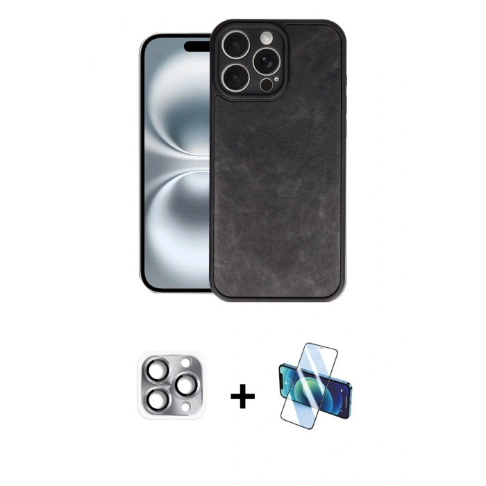 MARSİLYAN™- iPhone 16 Pro Max Kılıf Kıvılcım Işık Serisi - Siyah 3D Antistatik Seramik Nano Ekran Koruyucu + Pers Alüminyum Kamera Lens - GI